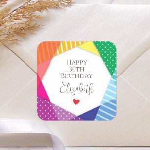 Rainbow Colours Festival Themed Happy 30th Birthda Square Sticker