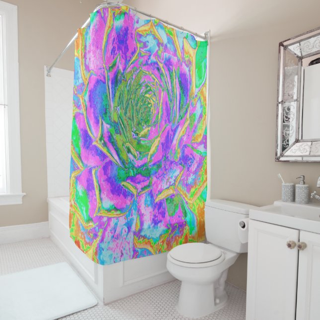 Rainbow Colours Fiesta Succulent Sedum Rosette Shower Curtain (In Situ)