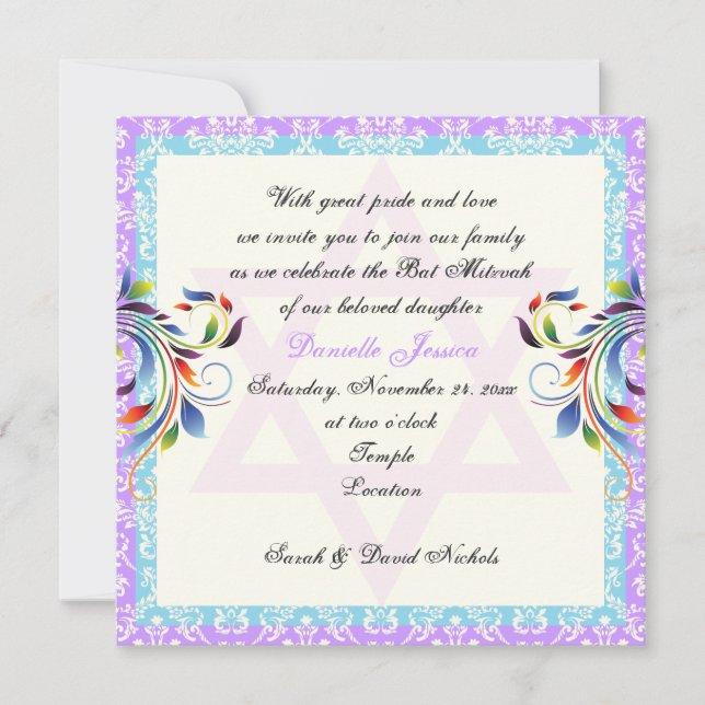 Rainbow colours flourish & Star of David damask Invitation (Front)