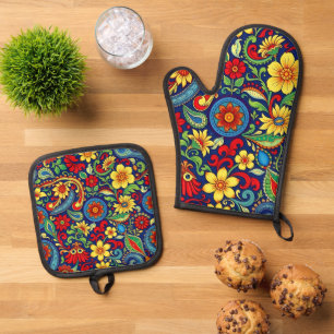 Rainbow Colours Flower Paisley Design Oven Mitt & Pot Holder Set