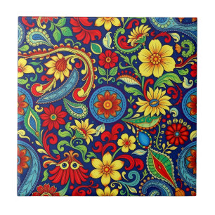 Rainbow Colours Flower Paisley Design Tile