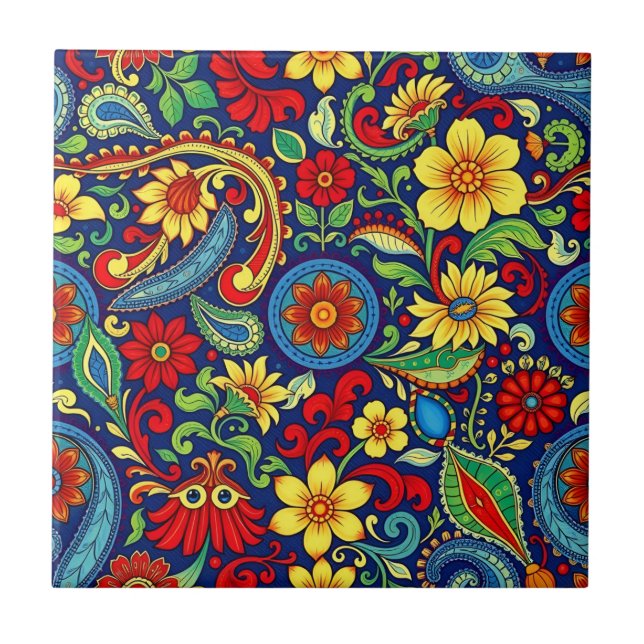 Rainbow Colours Flower Paisley Design Tile (Front)