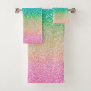 Rainbow Colours Glitter Sparkle Girly Glam Colourf Bath Towel Set