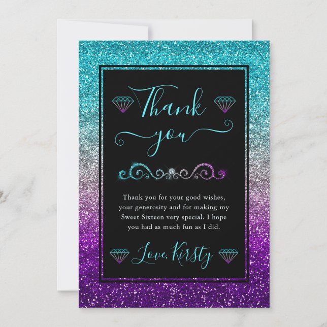 Rainbow Colours Gradient Glitter Sweet 16 Thank You Card (Front)