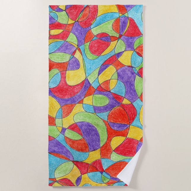 Rainbow Colours Hand Drawn Crayon Doodle Pattern Beach Towel (Front)