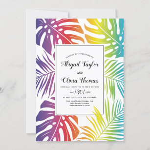Rainbow colours leaf pattern gay lesbian wedding invitation