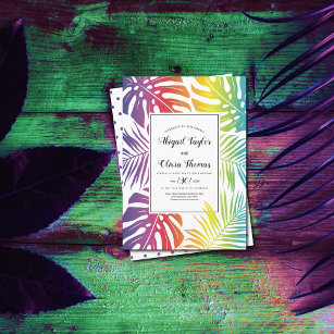 Rainbow colours leaf pattern gay lesbian wedding invitation