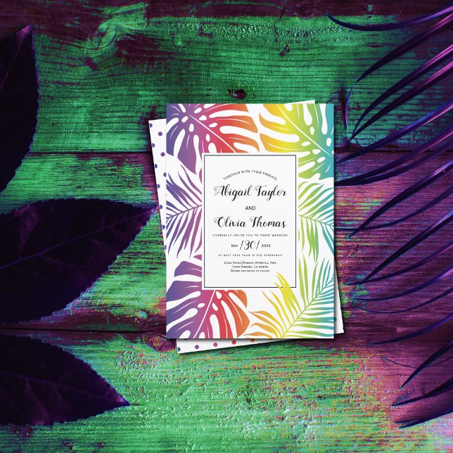 Rainbow colours leaf pattern gay lesbian wedding invitation (Creator Uploaded)