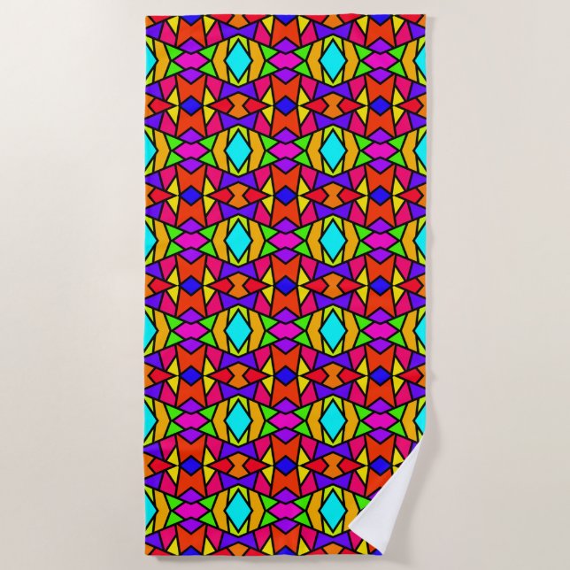 Rainbow Colours Patchwork Geometric Repeat Pattern Beach Towel (Front)