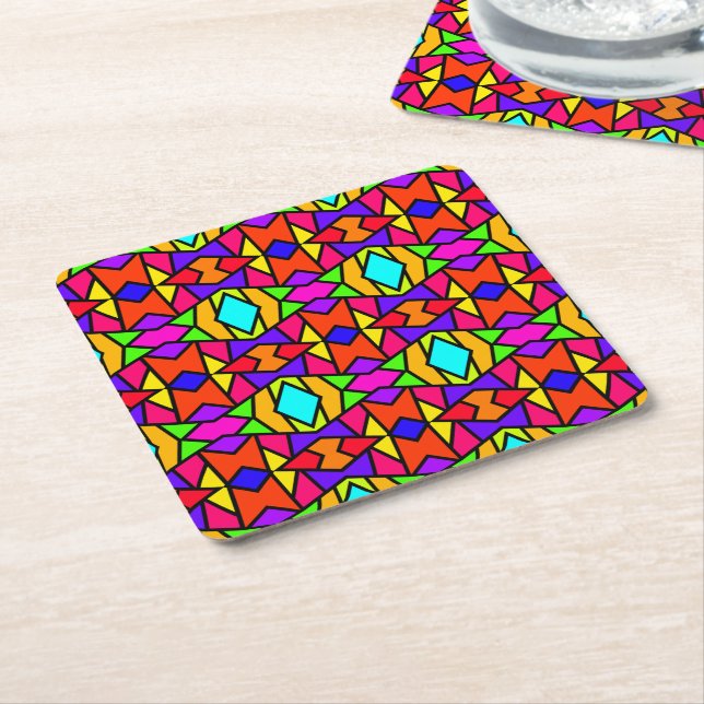 Rainbow Colours Patchwork Geometric Repeat Pattern Square Paper Coaster (Angled)
