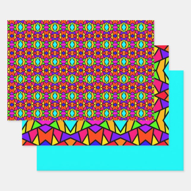 Rainbow Colours Patchwork Geometric Repeat Pattern Wrapping Paper Sheet (Set)