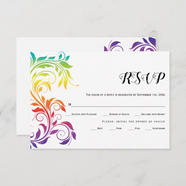 Rainbow colours scroll leaf gay lesbian wedding RSVP card (Front/Back)