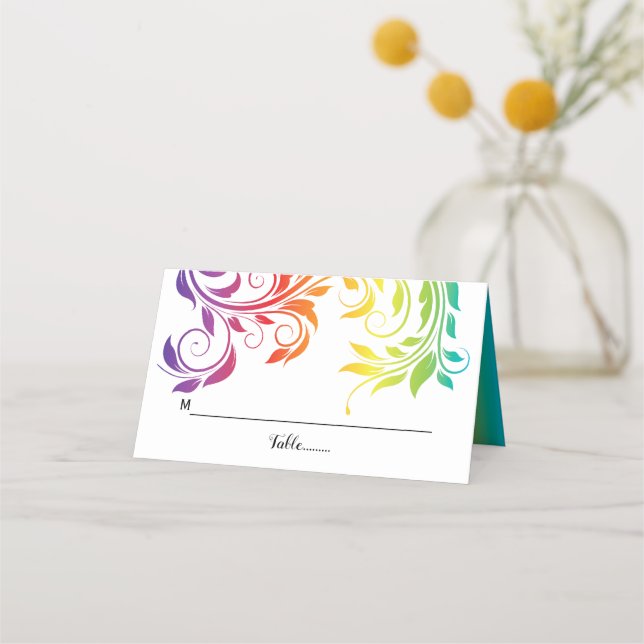 Rainbow colours scroll leaf LGBT wedding  Place Card (Front)
