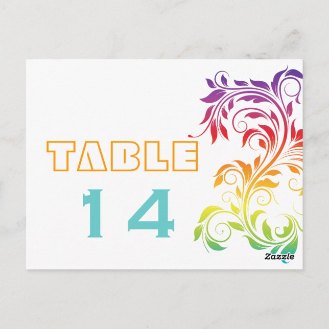 Rainbow colours scroll leaf wedding table number postcard (Back)