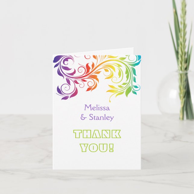 Rainbow colours scroll leaf wedding Thank You (Front)