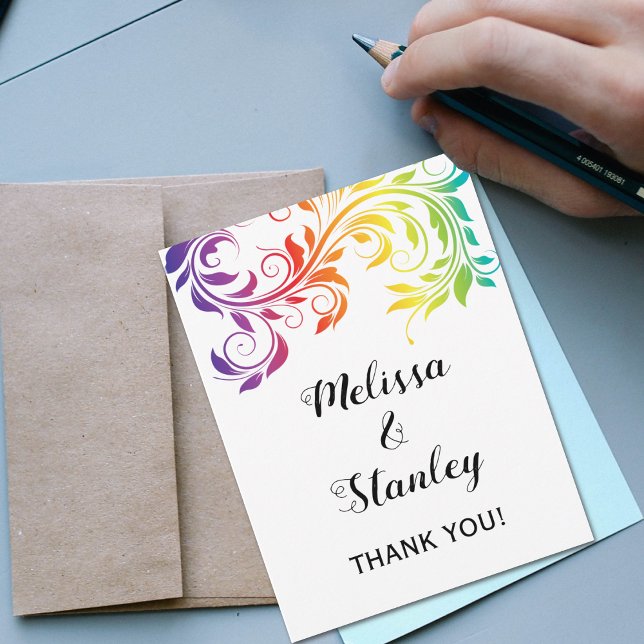 Rainbow colours scroll leaf wedding Thank You Card (Creator Uploaded)