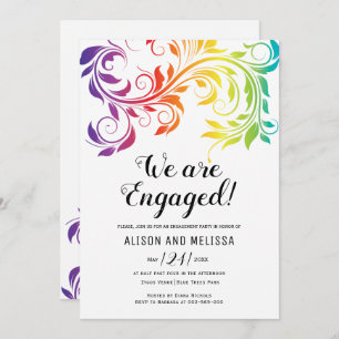 Rainbow colours scroll lesbian engagement party invitation