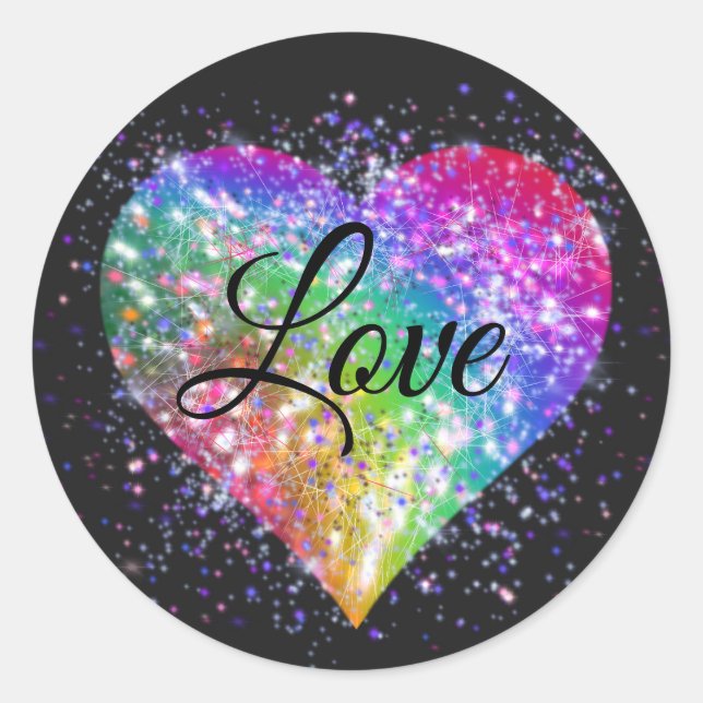 Rainbow colours sparking glitter heart love   clas classic round sticker (Front)