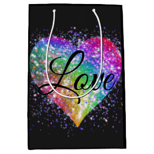 Rainbow colours sparking glitter heart love medium gift bag