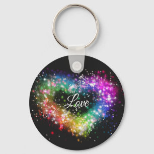 Rainbow colours spray paint sparking glitter heart key ring