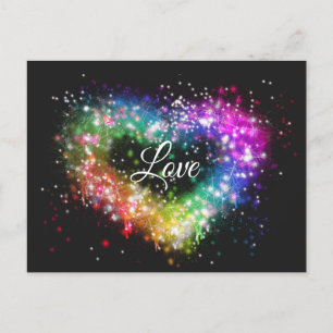 Rainbow colours spray paint sparking glitter heart postcard