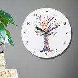 Rainbow Colours Tree of Life Large Clock<br><div class="desc">This whimsical clock is decorated with a print of a Tree Of Life design in rainbow colours.
The tree was originally made in mosaic using tiny fragments of brightly coloured glass.
Original Mosaic © Michele Davies.</div>