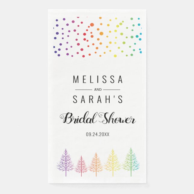 Rainbow colours trees and confetti lesbian wedding napkin (Front)