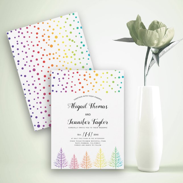 Rainbow colours trees, dots lesbian winter wedding invitation (Creator Uploaded)