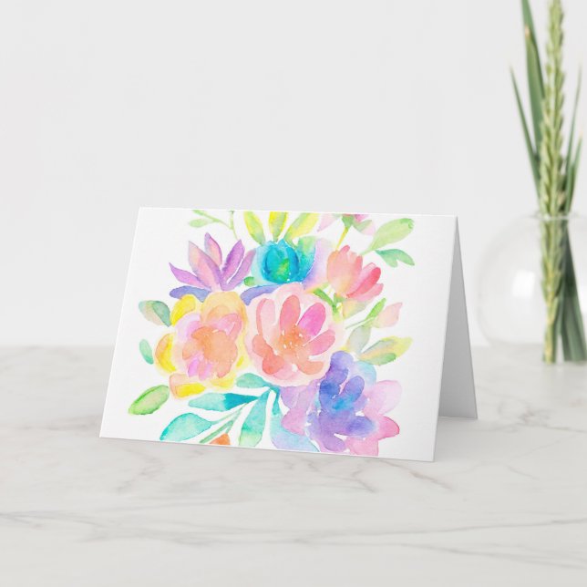 Rainbow Colours Watercolor Floral Note Card (Front)