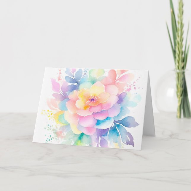 Rainbow Colours Watercolor Floral Note Card (Front)