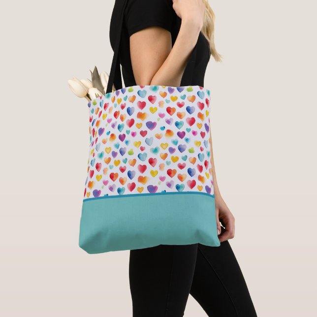 Rainbow Colours Watercolor Style Hearts Colour Blo Tote Bag (Close Up)