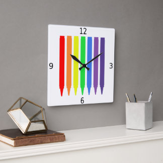 Rainbow colours wax crayons, simple, modern square wall clock