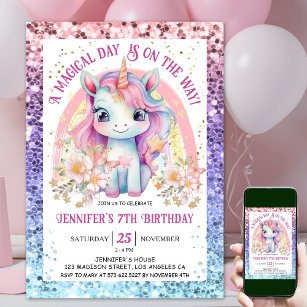 Rainbow Confetti 7th Birthday Party Girls Unicorn  Invitation