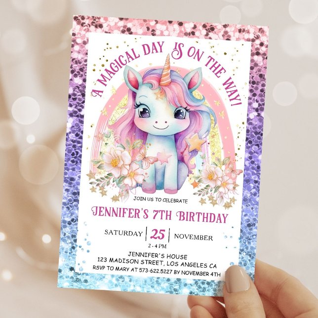 Rainbow Confetti 7th Birthday Party Girls Unicorn  Invitation (Creator Uploaded)