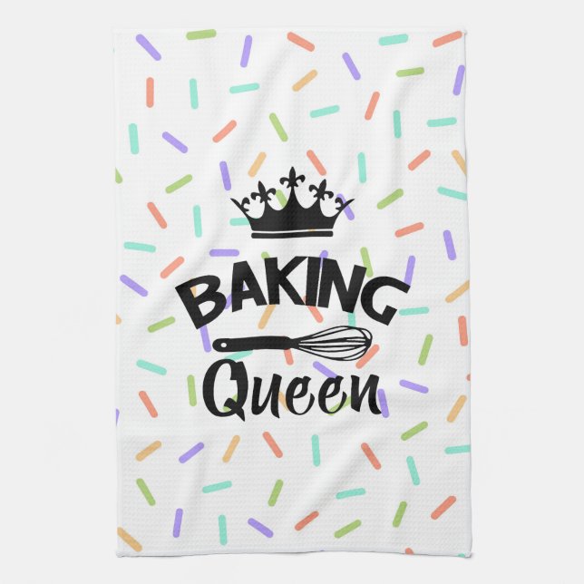 Rainbow confetti baking queen funny slogan tea towel (Vertical)