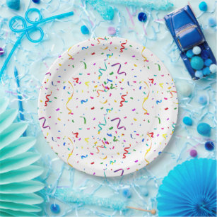 Rainbow confetti birthday party paper plates