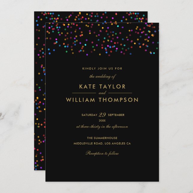 Rainbow Confetti Black And Gold Wedding Invitation (Front/Back)