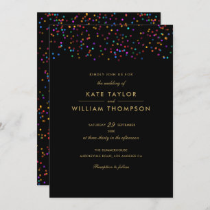 Rainbow Confetti Black And Gold Wedding Invitation
