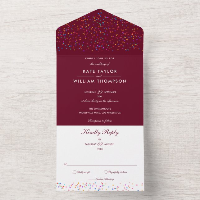 Rainbow Confetti Burgundy Monogram Wedding All In One Invitation (Inside)