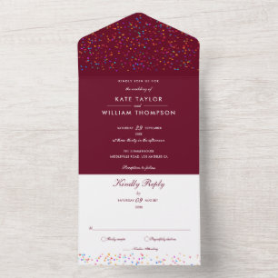 Rainbow Confetti Burgundy Monogram Wedding All In One Invitation