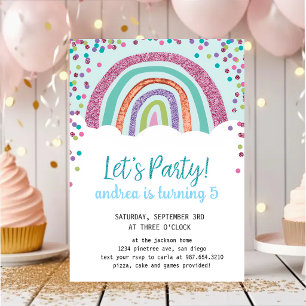 Rainbow Confetti Girl 5th Birthday Party  Invitation