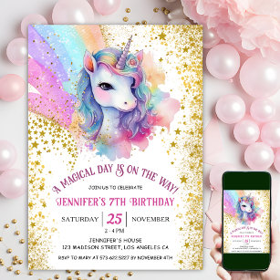 Rainbow Confetti Girl Unicorn 7th Birthday Party   Invitation