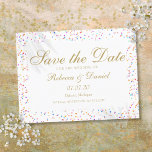 Rainbow Confetti Gold Script Save the Date Announcement Postcard<br><div class="desc">Personalise your names and details with a beautiful gold script on a delicate rainbow confetti background. Designed by Thisisnotme©</div>