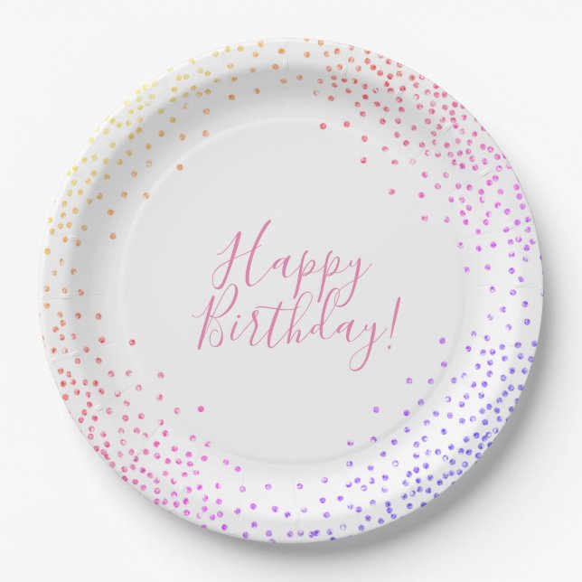 Rainbow Confetti Happy Birthday Paper Plate (Front)