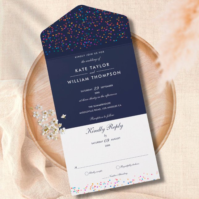 Rainbow Confetti Navy Blue Monogram Wedding All In One Invitation (Creator Uploaded)