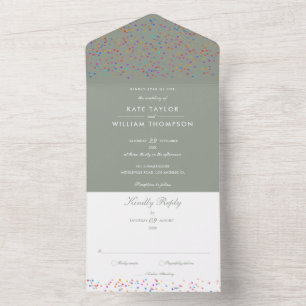 Rainbow Confetti Sage Green Monogram Wedding All In One Invitation
