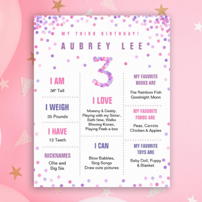 Rainbow Confetti third birthday poster (Pink and purple confetti milestone poster for your 3 year old's birthday!)