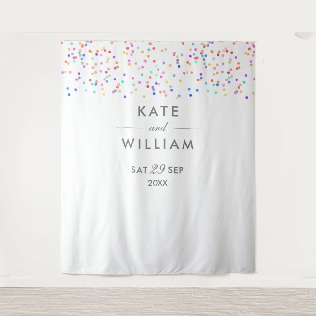 Rainbow Confetti Wedding Photo Backdrop Tapestry (Front)
