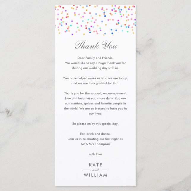 Rainbow Confetti Wedding Thank You Place Card (Front)