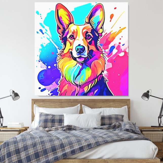 Rainbow Corgi: Pop Art Puppy Joy Canvas Print (Insitu(Bedroom))